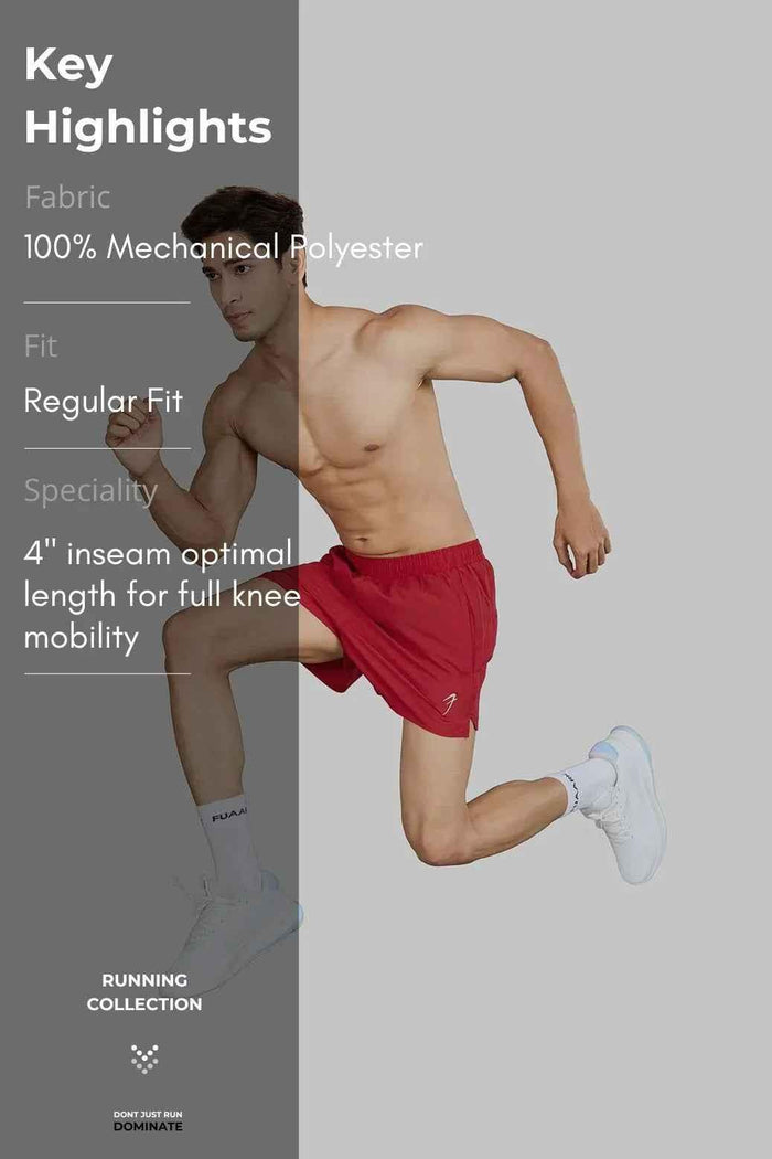 Red Pulse 4-inch running shorts by Fuaark NZ, lightweight and comfortable athleisure wear, shown on a model.