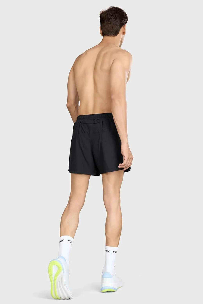 Black Pulse 4-inch running shorts by Fuaark Nz, featuring lightweight fabric and athletic fit for comfortable running.