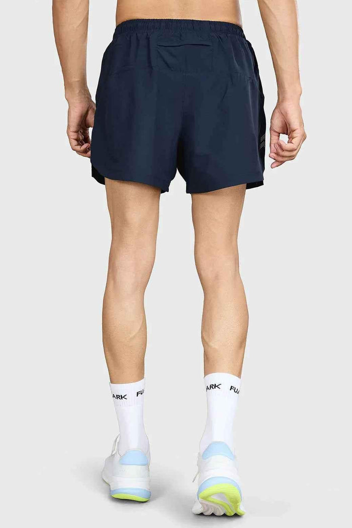Fuaark Nz Pulse 4-inch navy running shorts with elastic waistband and lightweight fabric for athletic activity.