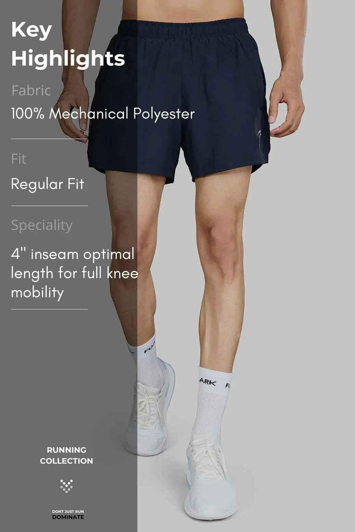 Fuaark Nz Pulse 4-inch navy running shorts, lightweight athletic shorts with side pockets and elastic waistband.