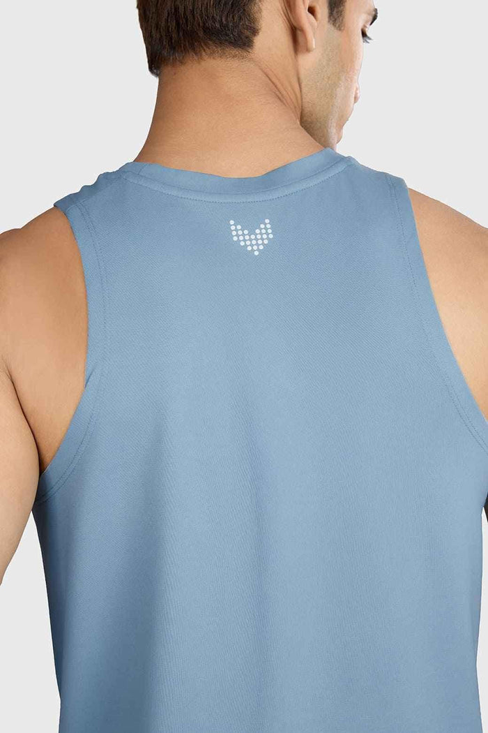 Light blue Fuaark Nz Pulse Running Tank Top, sleeveless athletic shirt for men, shown flat on a white background.
