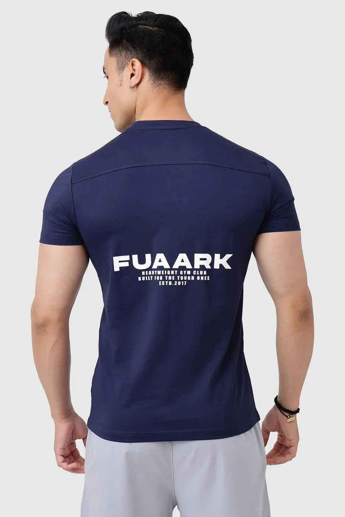Navy Pulse T-shirt by Fuaark Nz, casual short-sleeve tee with a fitted design and round neckline, displayed flat.