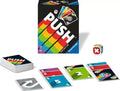 Black card game box with rainbow stripes, scattered colorful numbered cards, and a white die with a red X.