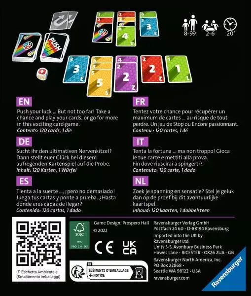 Back of game box featuring colorful numbered cards, a die, multilingual instructions, and logos on a black background.