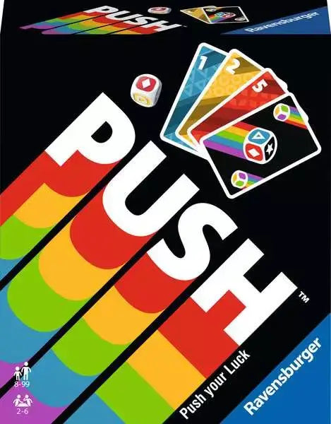 Black game box with large white text, colorful rainbow stripes, playing cards, and a die. Ravensburger branding.