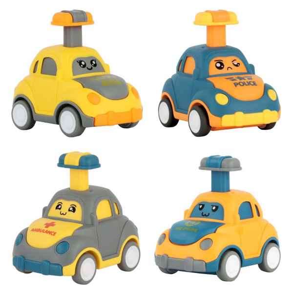 Four colorful toy cars in yellow, blue, and gray with cartoon faces and large push buttons on top.