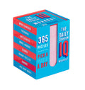 Blue and red cube box for 365 Daily Cranium IQ puzzles with a stack of paper slips visible through a vertical cutout.