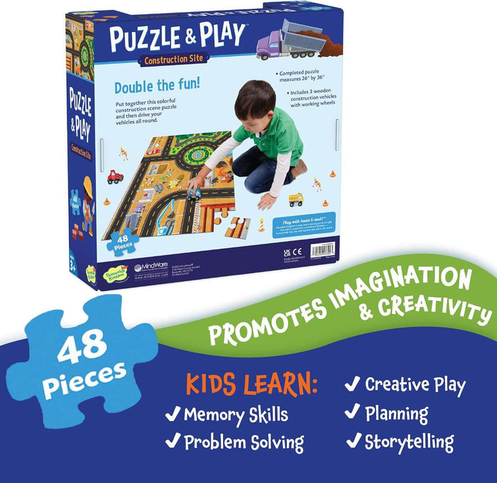 Blue box for 48-piece construction floor puzzle showing a boy with wooden trucks. Graphics list various learning skills.