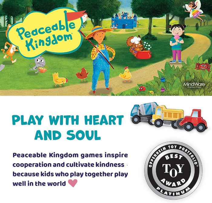 Peaceable Kingdom graphic with whimsical characters, three wooden construction vehicles, and a platinum award seal.