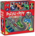 Red box for a 48-piece racetrack floor puzzle, including three wooden race cars in blue, orange, and green.