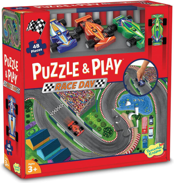 Red box for a 48-piece racetrack floor puzzle, including three wooden race cars in blue, orange, and green.
