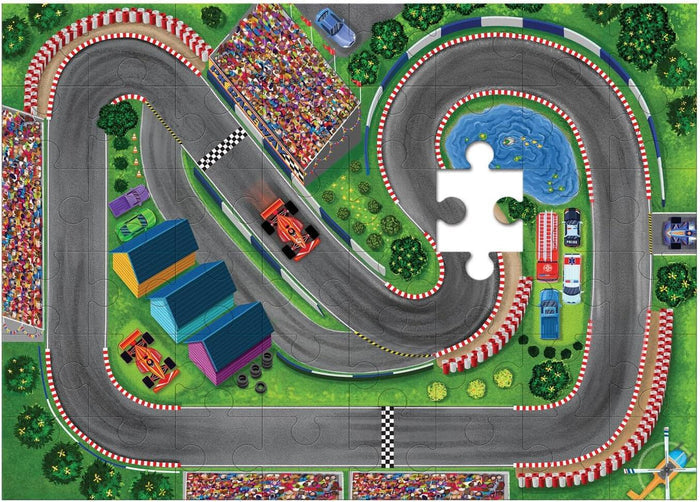 Colorful race track floor puzzle with cars, spectators, and scenery, shown with one missing puzzle piece.