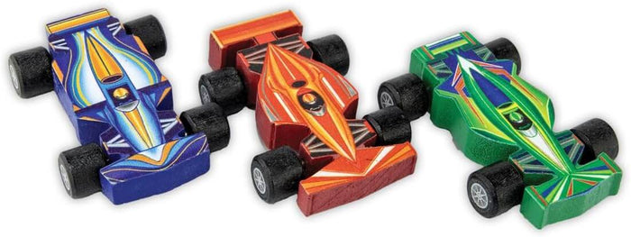 Three colorful wooden toy race cars in blue, red, and green with stylized racing patterns and black wheels.