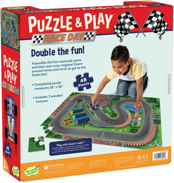Red and white box for Race Day floor puzzle showing a child playing with wooden cars on a 48-piece racetrack scene.