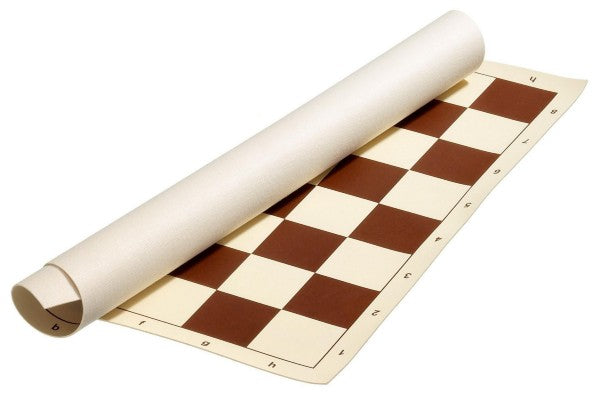 Ivory and brown roll-up PVC chessboard with algebraic notation along the borders, shown partially unrolled.