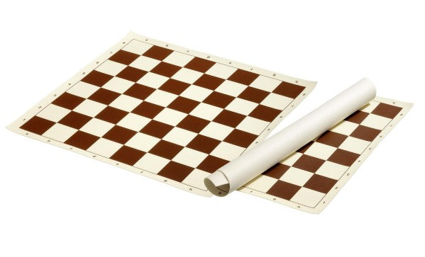 Brown and cream checkered vinyl chess mats with border coordinates, shown flat and partially rolled up.