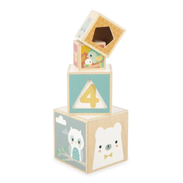 Four wooden stacking blocks with pastel animal illustrations, a number 4, and a pentagon-shaped cutout.