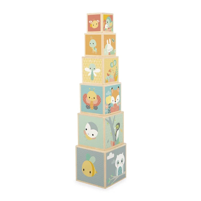 Six wooden stacking cubes in a tower, featuring soft pastel illustrations of forest animals, birds, and insects.