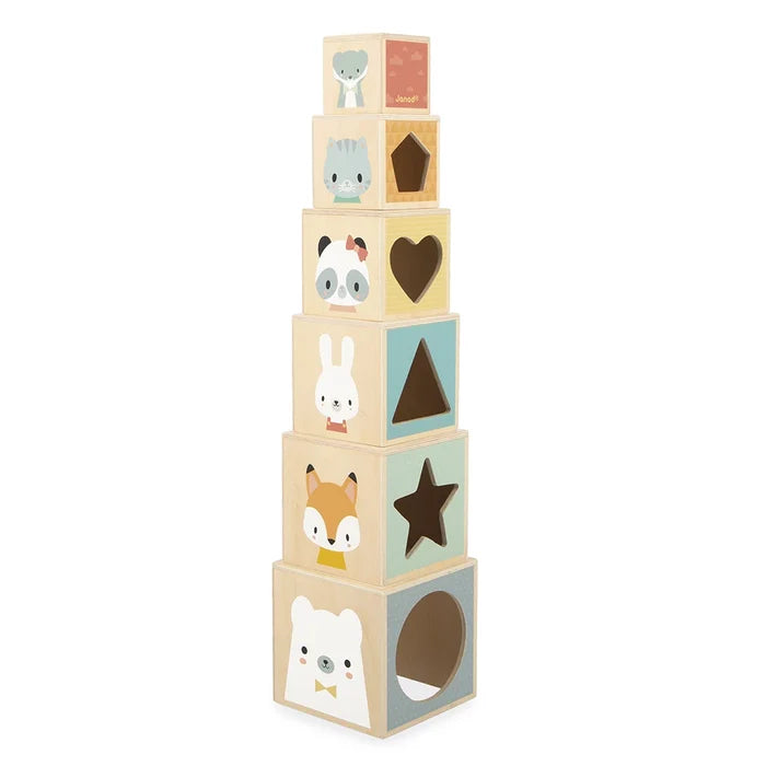 Six stacked wooden blocks with pastel animal faces and geometric cutouts including a star, heart, and circle.