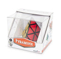 Tetrahedron puzzle with black frame and red and yellow faces, in a clear display box with Pyraminx branding.