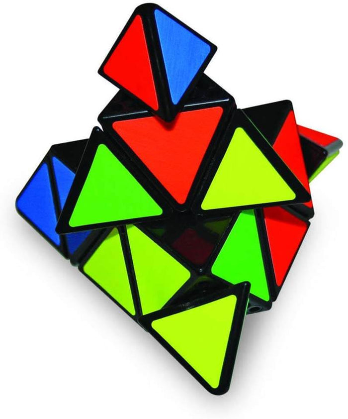 Scrambled triangular puzzle with red, blue, green, and yellow stickers on a black frame against a white background.