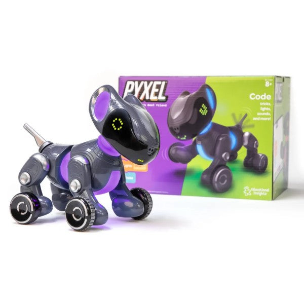Gray robotic dog with glowing purple accents and pixel eyes, standing in front of its purple and green box.