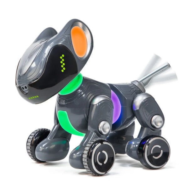 Grey robotic dog with glowing green and purple body panels, orange ears, LED eyes, and wheels for paws.