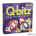 Purple Q-Bitz game box featuring patterned red and black wooden cubes and bright green lettering.