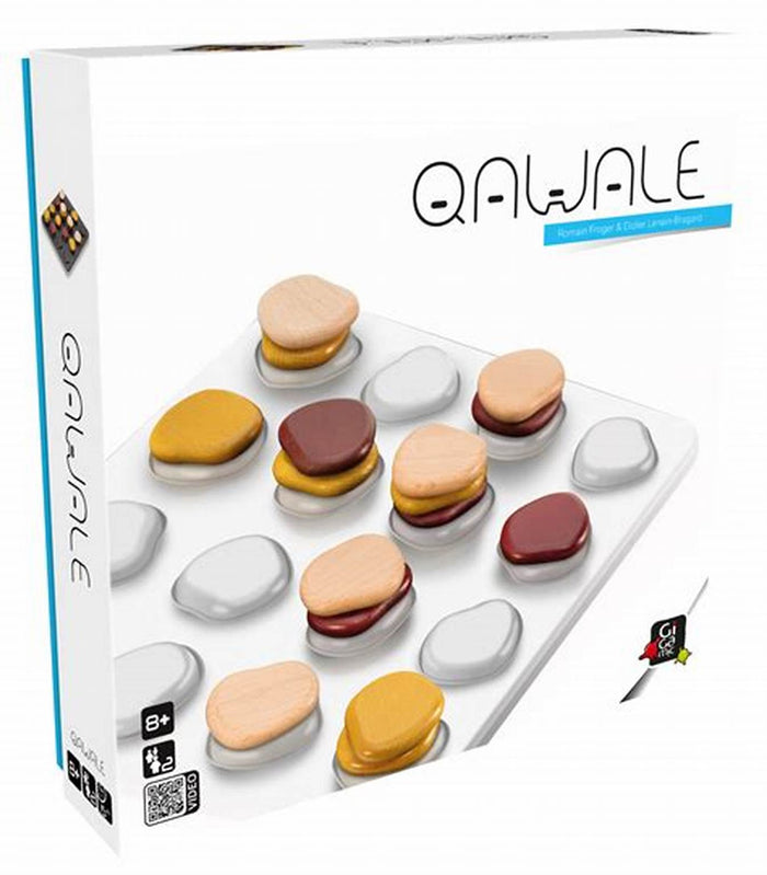 Qawale game box showing smooth wood and gray pebble pieces stacked on a white 4x4 grid board.