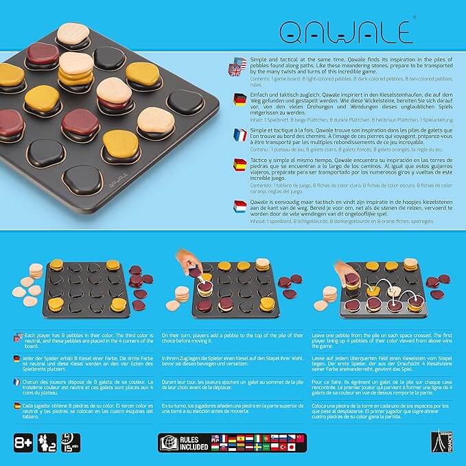 Grey board game with cream, brown, and gold pebble stacks and illustrated gameplay instructions.