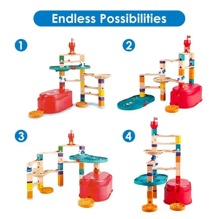 Four ways to build a wooden marble run using colorful blocks, tracks, blue funnels, and a large red storage bucket base.