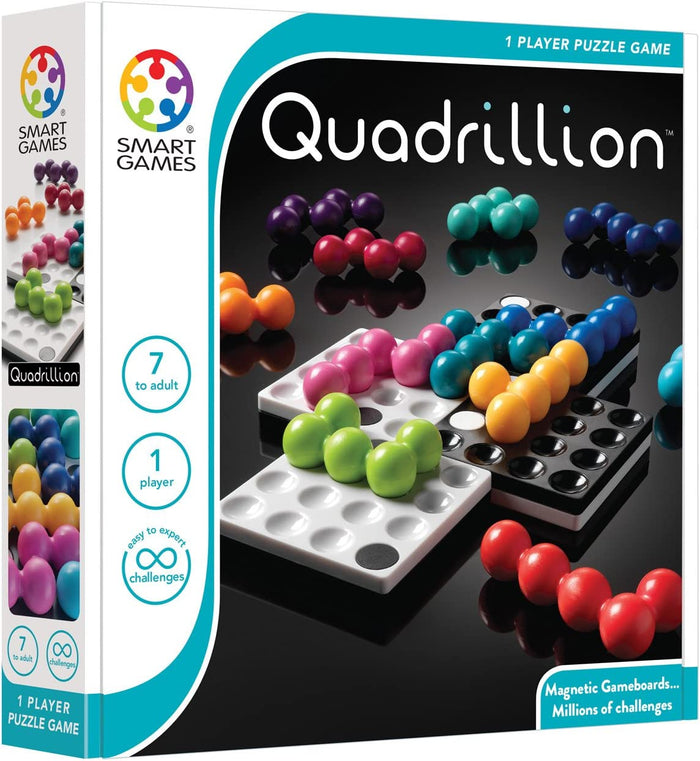 Quadrillion game box featuring colorful ball-shaped pieces on black and white magnetic puzzle boards.