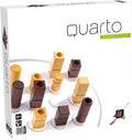 White game box featuring light and dark wooden pieces in various shapes and heights on a circular board.