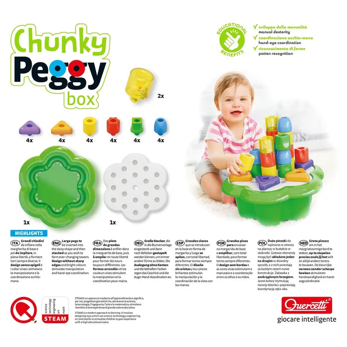 Colorful chunky pegs in various shapes and a green flower base, with a toddler stacking pieces into towers.
