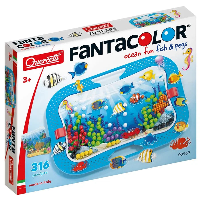 Toy box featuring a blue pegboard case decorated with colorful plastic fish and pegs to create an underwater scene.