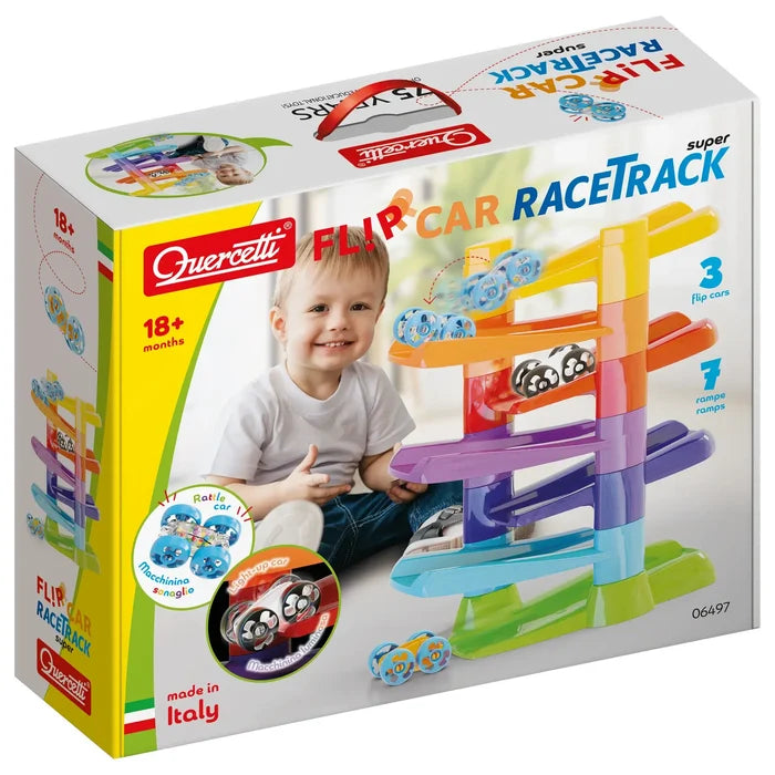 Product packaging for a 7-level rainbow zig-zag ramp toy with small flip cars and a young boy playing.