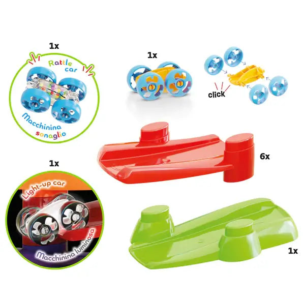 Set of toy car parts featuring red and green ramps, a blue rattle car, and a light-up car with patterned wheels.