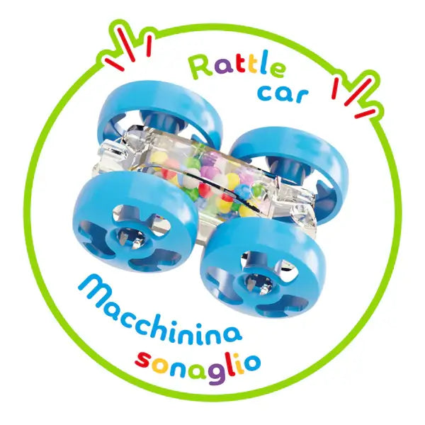 Blue toy car with clear body filled with colorful rattle beads inside a green circular frame.