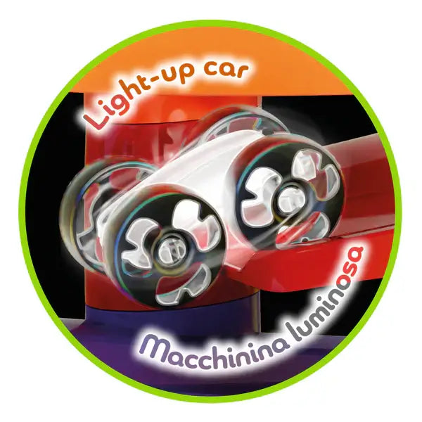 Close-up of a white light-up toy car with glowing wheels flipping on a red ramp, shown with motion blur effects.