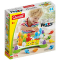 Child playing with colorful, stackable bulb pegs on a green board with animal art. 41-piece toy box for ages 2+.