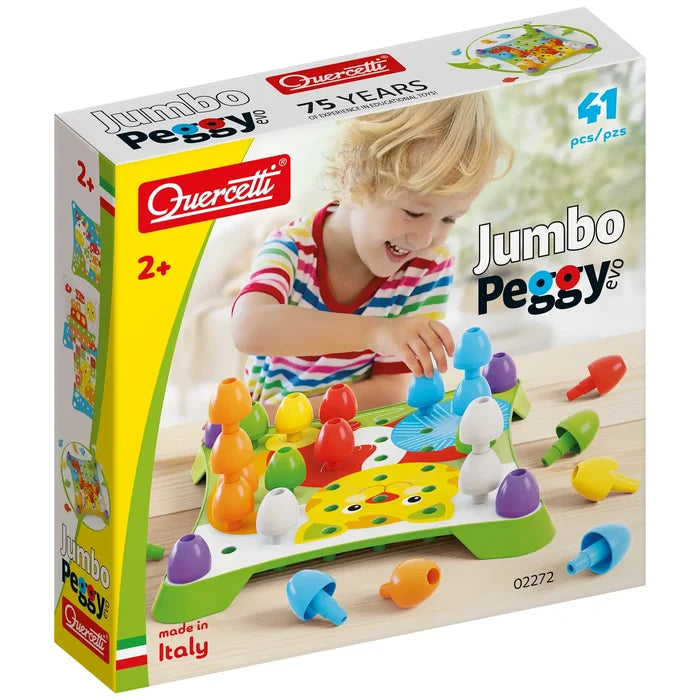 Child playing with colorful, stackable bulb pegs on a green board with animal art. 41-piece toy box for ages 2+.
