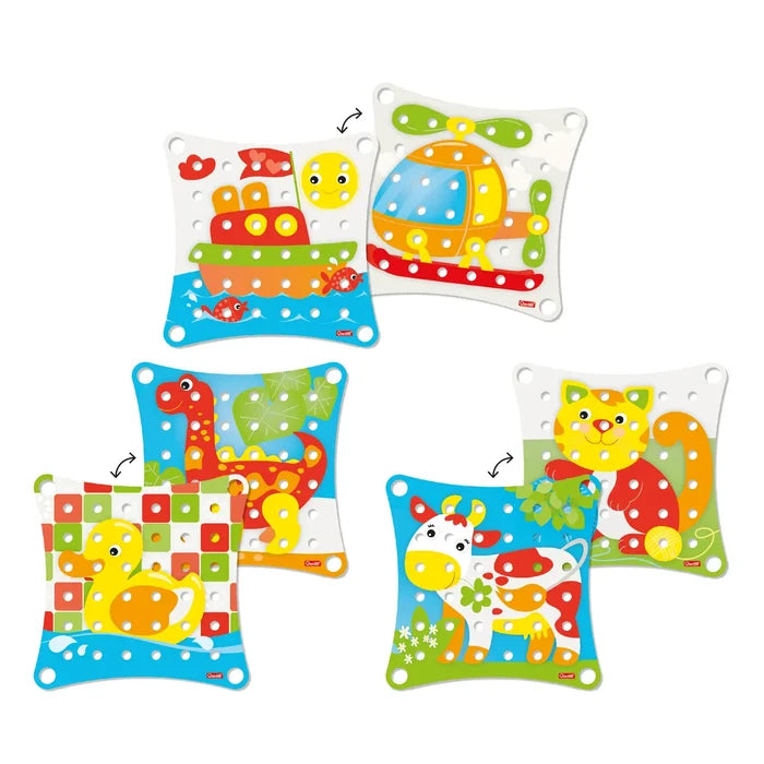 Six double-sided pegboard pattern cards with colorful art of a boat, helicopter, duck, dinosaur, cow, and cat.