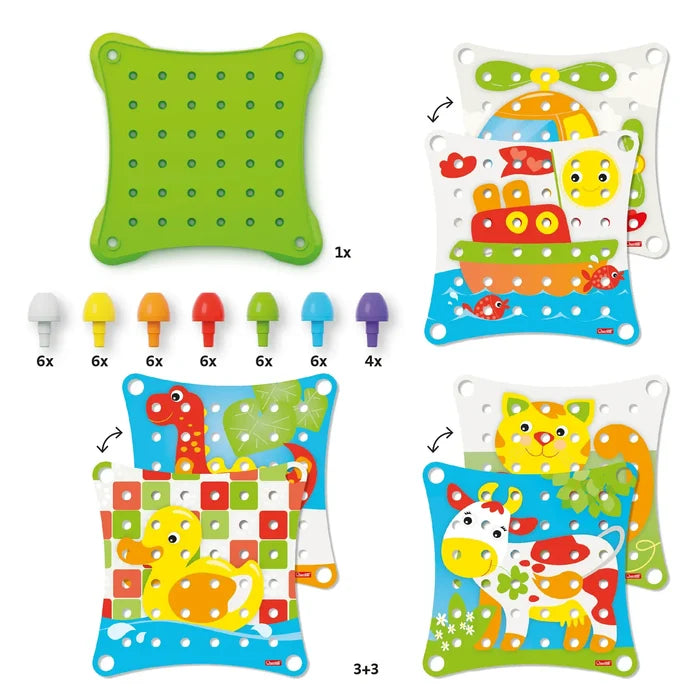 Green pegboard with 40 colorful chunky pegs and six double-sided illustrated animal and vehicle pattern cards.