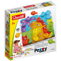 Box for a 45-piece set showing large, colorful rounded pegs being inserted into a dinosaur-illustrated pegboard.