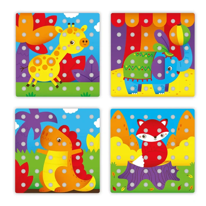 Four bright square pegboards featuring a giraffe, elephant, dinosaur, and fox with holes for pegs.