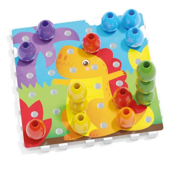 Large colorful rounded pegs stacked on a square board with a bright yellow dinosaur illustration.