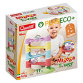 Box for a colorful 17-piece marble run tower with sound balls, featuring a smiling toddler and eco-friendly labels.