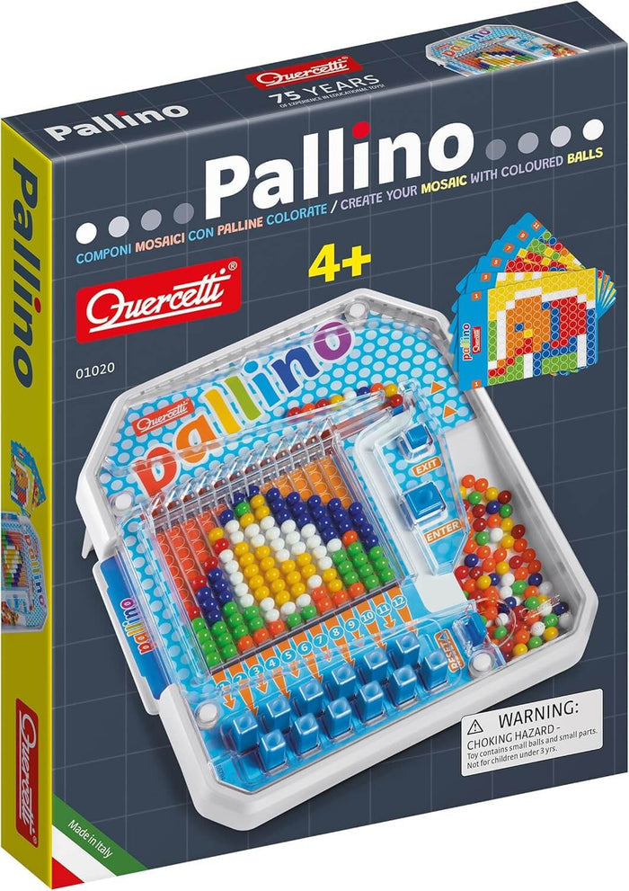 Box for a white plastic mosaic toy with colorful balls, blue control buttons, and pattern cards for ages 4 and up.