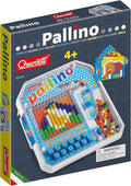Box for a white plastic mosaic toy with colorful balls, blue control buttons, and pattern cards for ages 4 and up.
