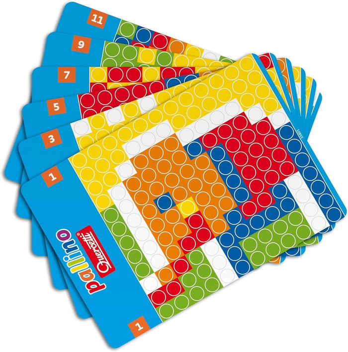 A fan of blue pattern cards showing colorful circular grid designs in red, yellow, orange, green, and blue.